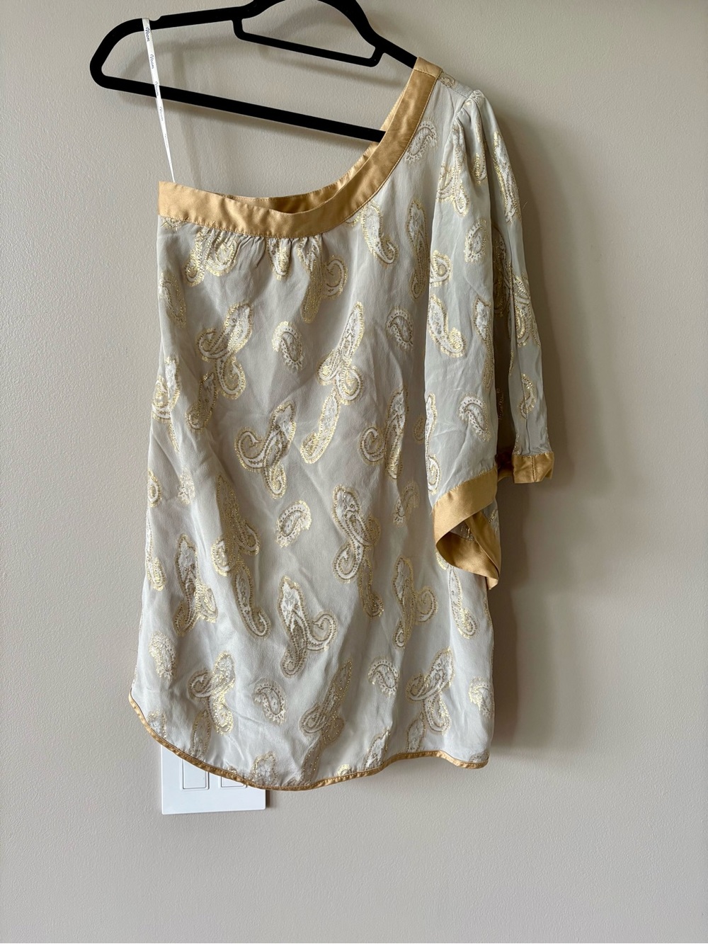 Voom by Joy Han One-Shoulder Silk Top Dress Paisley Gray Gold Metallic Burnout S